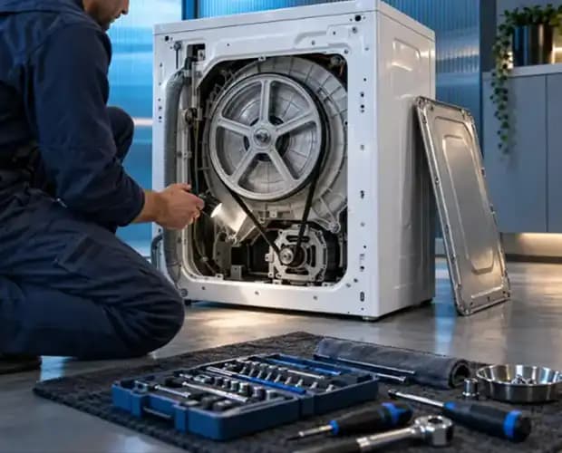 Çamaşır makinesinin motor ve kayış bölgesinde teknik kontrol